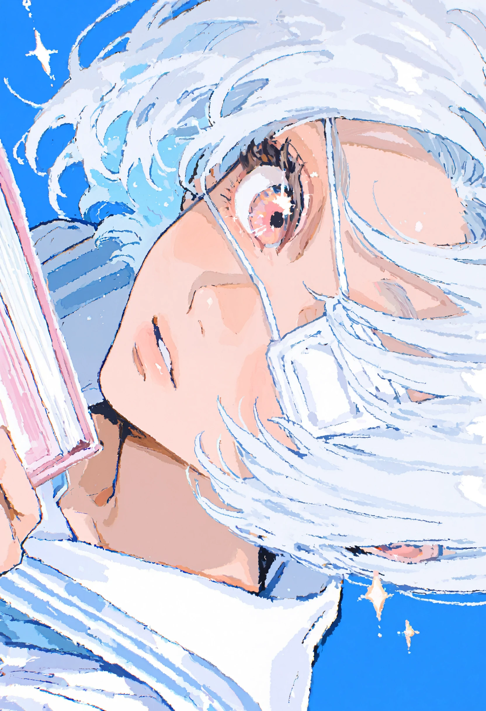 <lora:546L5rKh5LqL-illustriousXL_v01_V2-CAME>, 546L, solo, blue background, sideways, 1girl, eyepatch, sailor collar, short hair, medical eyepatch, white sailor collar, parted lips, simple background, school uniform, one eye covered, holding, white hair, blue hair, serafuku, pink eyes, sparkle, red eyes, looking at viewer, portrait, blue theme, holding book, orange eyes, shirt, book