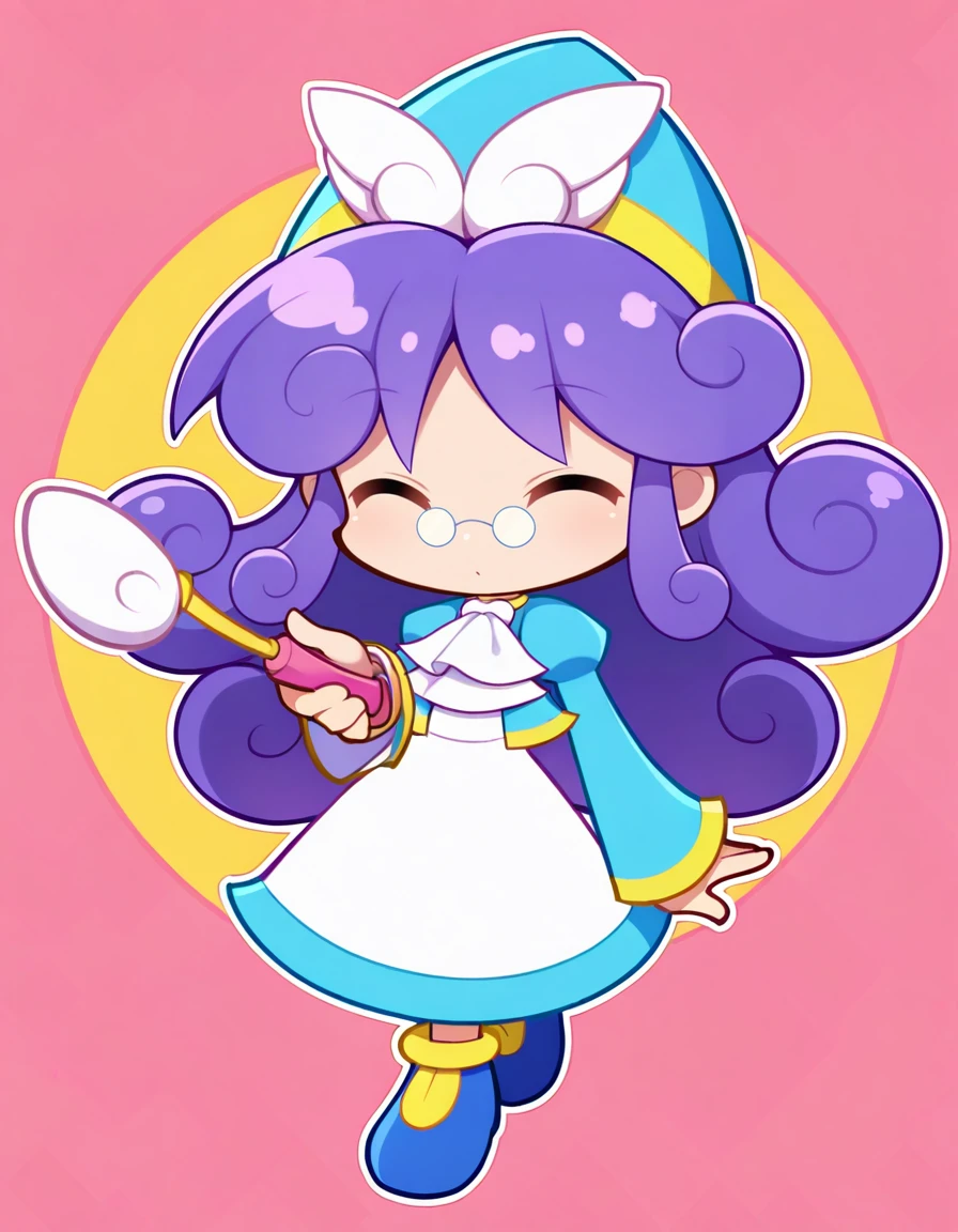 <lora:PAccord_SDXL_Illustrious11_fp16_ver01:1>,PAccord, 1girl,long hair, purple hair,curly hair,pince-nez,closed eyes,blue headwear,blue jacket,white dress,ascot, blue footwear, puyopuyo fever, chibi, cat teaser,, masterpiece, best quality, very aesthetic, absurdres,<lora:detailed_hands:1>,hand