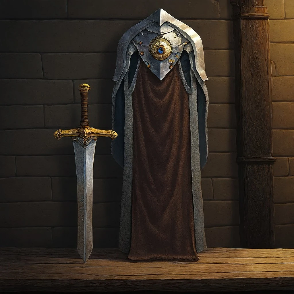 MetalNGems, magical sword, blade made of ruby, hilt made of polished steel, on a wooden table, medieval room