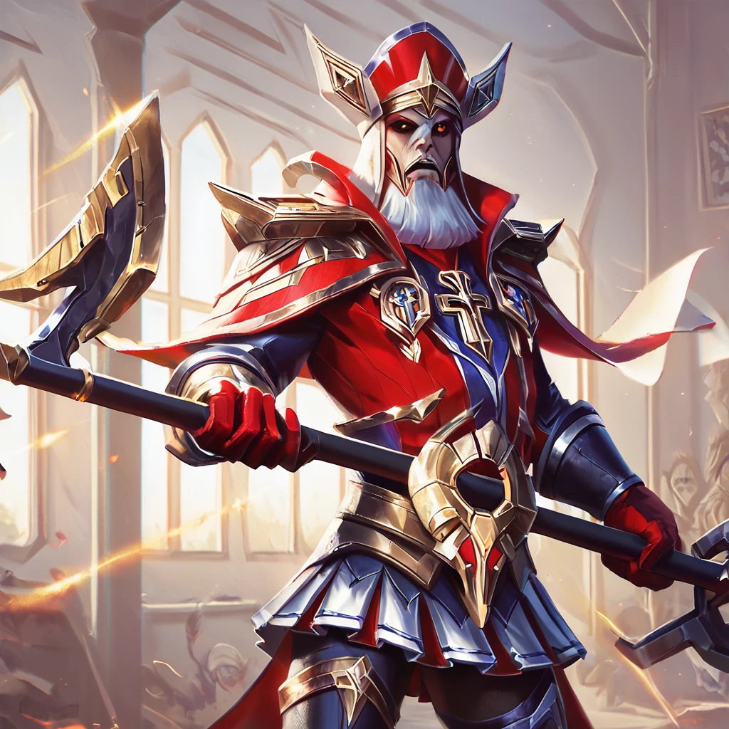 score_9, <lora:lol_series_battaleacad:1>, compound_weapon, battleacademiastil ,cowboy shot,   priest, skirt, <lora:Skirt Length_alpha1.0_rank4_noxattn_last:2>, red clothes,  gold theme ,<lora:Pony_Weapon_Battleaxe_-_By_HailoKnight:0.22> battleaxe, <lora:Olaf:0.33> DefOlaf,