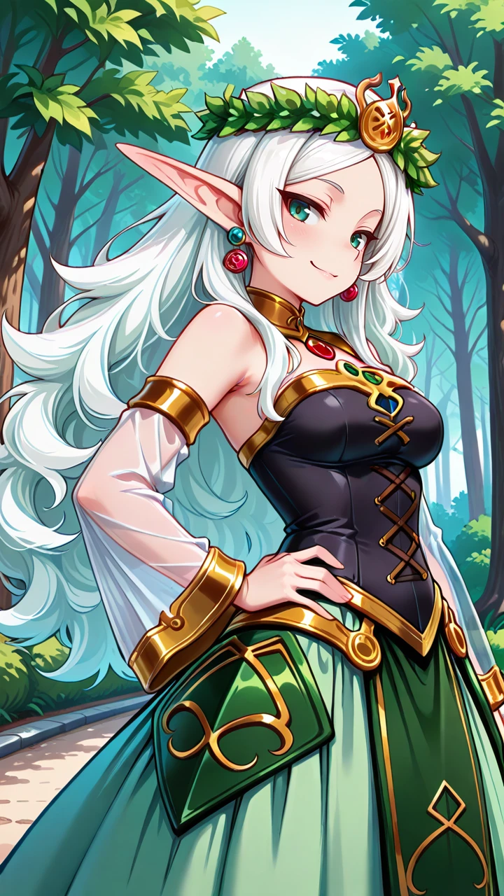 (((I want an elf girl with dark skin, white curly hair, detailed green eyes, a majestic body with full breasts, wearing a lightly low-cut Violet dress with peasant features and on her face a sweet smile)))