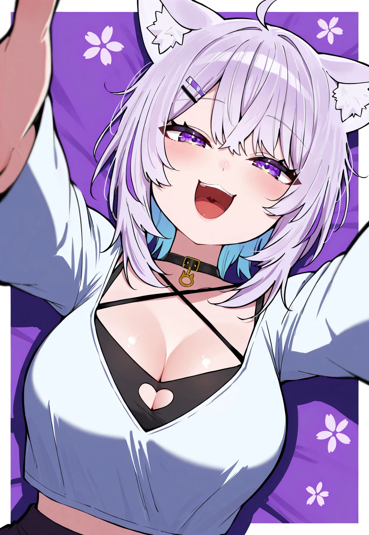 score_9, score_8_up, score_7_up, score_6_up, uncensored, echidna, 1girl, silver hair, long hair, multicolored eyes, erfly hair ornament, purple eyes, sweating, BREAK (masterpiece:1.2), best quality, high resolution, (detailed eyes:1.3), perfect lighting, (perfect hands, perfect anatomy), hearts, pleasured, armpits, 1girl, gloves, looking_at_viewer, black_gloves, solo, jacket, long_sleeves, arm_up, parted_lips, black_shirt, shirt, black_jacket, grey_background, upper_body, gradient_background, breaadient, blush, arm_behind_head, large_breasts, BRngue out, saliva, gasping, heavy breathing,