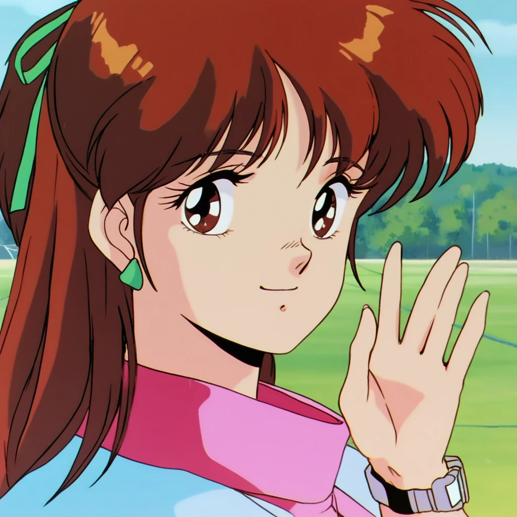 highres, ultra-detailed,masterpiece, best quality, amazing quality, best hands,4K, 8K,detailed face, BREAK , <lora:borganiv1:0.8>,borgani, 1girl, solo, brown hair, brown eyes,ribbon,hair ribbon, earrings,jewelry, watch,retro artstyle, 1980s (style),smile,looking at viewer,outdoor,waving gesture
