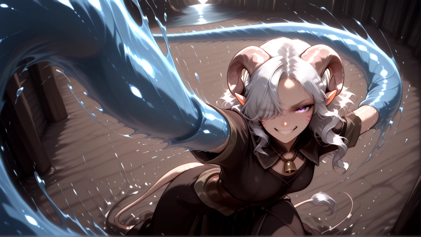 masterpiece, best quality, waterwhip:1.2, solo, <lora:water_whip_magic2:1> water tentacles, kung fu, cowboy shot, water tentacle from arm , whipping, water stream, anime, looking at viewer, blasting, splashing, grin, dynamic pose, spinning stream,, masterpiece, best quality, tiefling, pointy ears, tiefling, silver hair, ivory sheep horn,
<lora:Tiefling_bard_Diana_v2:0.9> red whisker_markings, silver long wavy hair, bell necklace, short pointy ears, purple eyes, tiefling_bard_diana:1.2, hair over one eye, braid,
cow tail:1.4,