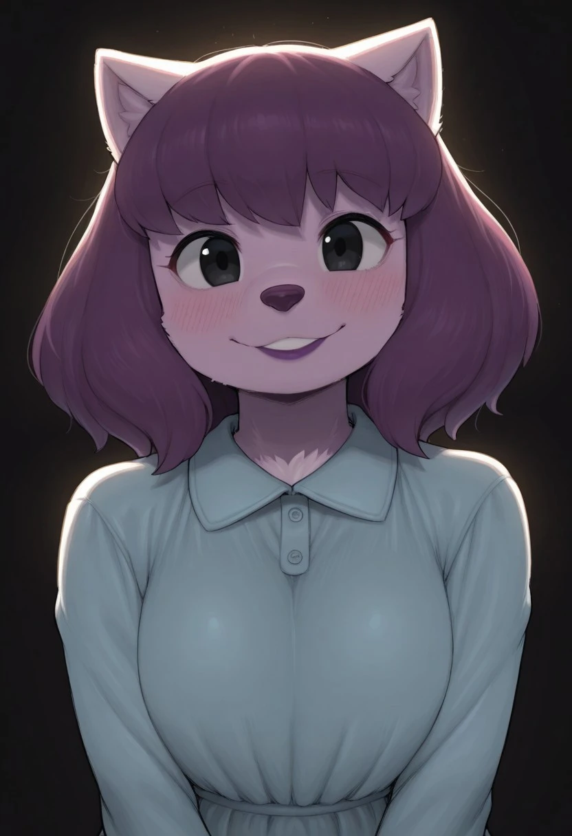 1girl, solo, medium build, medium hair, good lighting, sfw, safe for work, covered skin, flowy dress, black eyes, purple lipgloss, smiling, portrait, upper body , syuro, furry, furry female, anthro