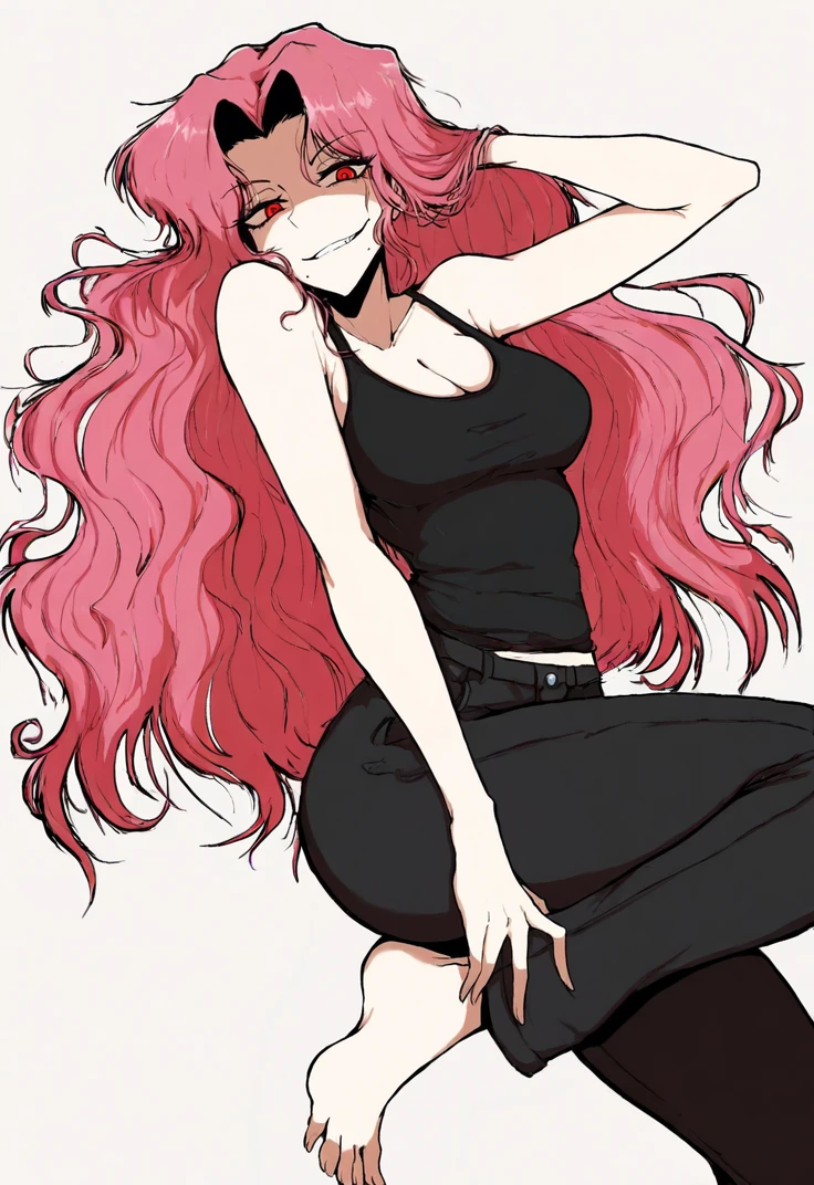 masterpiece, perfect face, beautiful face, perfect hands, beautiful hands, <lora:RanchsaucyStyle_Illustrious:1>, RanchsaucyStyle, 1girl, solo, pink hair, long hair, wavy hair, red eyes, , black tank top, black pants, barefoot, looking at viewer, smirk