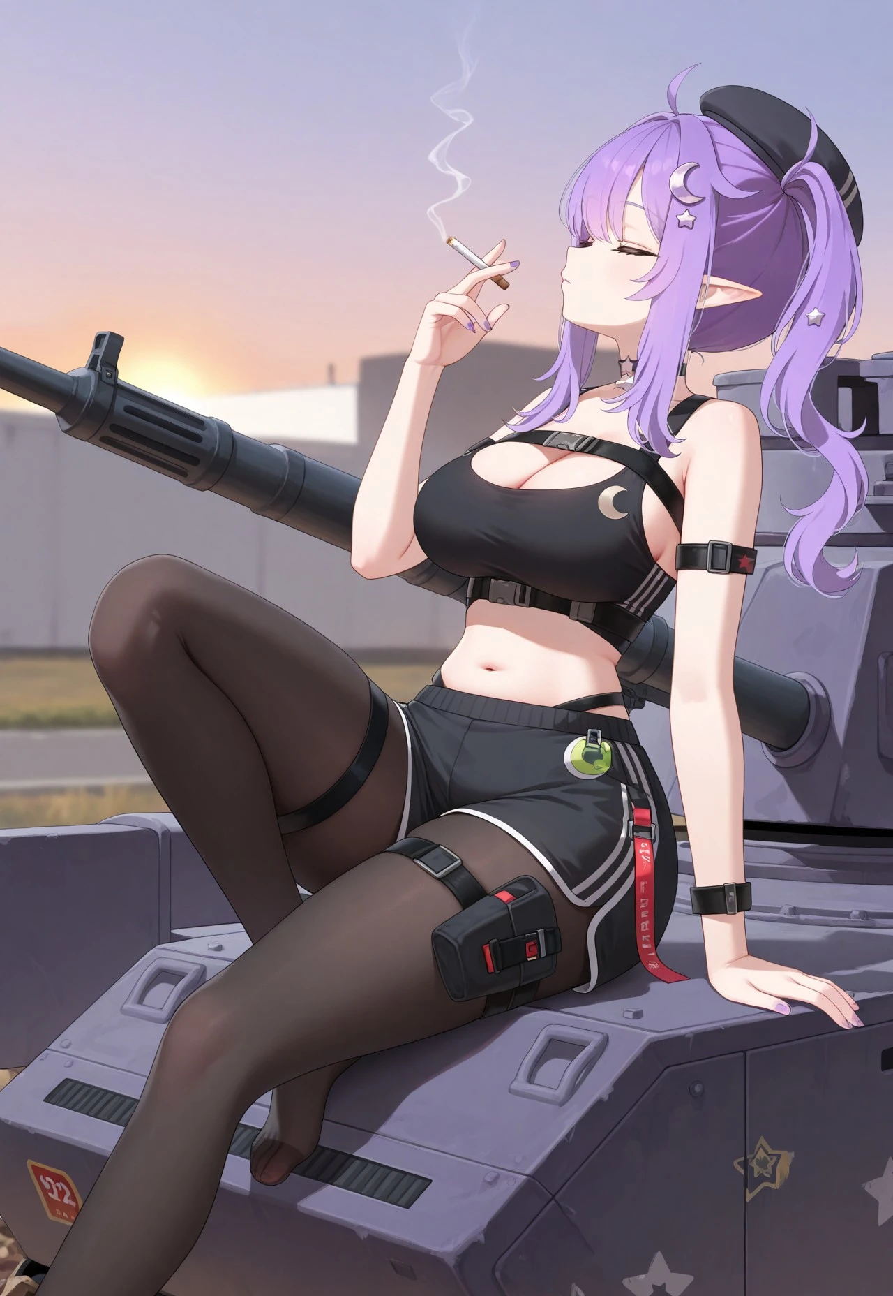 1girl in、anime a girl、silber hair、short-hair、
huge tit、valley、Purple eyes、military outfits、Big buttocks、Plump thighs、abdominals、Holding a gun、wasteland、Perched on a tank、Put your hands on your head、Cross your legs
