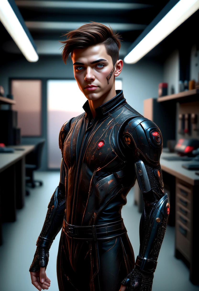 young radiant male (XY) german, tan skin, light green eyes, character, Slender build, short Spiky hair brown hair, , wearing holographic kimono catsuit, cybernetic Futuristic flexible circuit board patches grafted onto skin with tiny neon-hued microchips dotting their surfaces augments, Carbon fiber composite cyborg limbs with sleek black matte finish, red LED indicators, articulated joints mechanical_arms, legs, arms and mechanical_legs, set in Workshop, Dynamic workspace with sturdy workbenches, power tools neatly arranged on pegboards, tool chests, industrial lighting, and a ventilation system for soldering and welding tasks , at sunset, , deflu