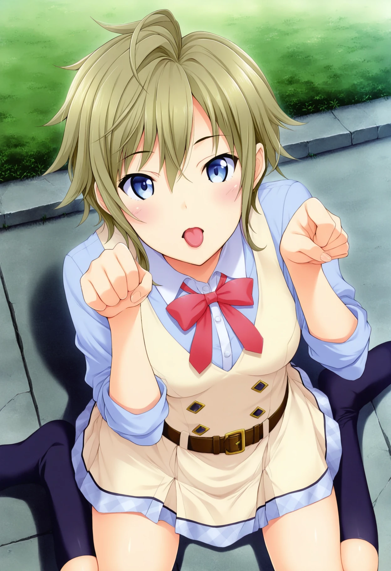 (Highest quality, 8k, High resolution, Realistic:2.0), (alone, One Girl:2.0),(Lighting: strong),(Lighting: front),(Very muscular girl:2.0),(Beautiful girls:1.5),(Glowing Skin:1.5),(Golden hair color:1.5),(Bend your legs and open your thighs:1.8),(Black Loafers:1.5),(Light Blue Blouse:1.6),(Blouse with collar:1.2),(long sleeve light pink blouse:1.3),((Tight blouse:1.7)),(Accentuate your cleavage:1.2),(Short socks),(White socks:1.1),((Black pleated skirt)),((Black Skirt)),((Wearing floral panties)),((Girl leaning on an old leather sofa)), Very beautiful Japanese girl, Cheek brown makeup , Heavy eye makeup,(Hold your loosely clenched fist in front of your face:1.7),(Girl with open mouth:1.4),(Instruct viewers to perform self-handjobs),(handjob gesture:1.3),(Masturbation instruction for viewers),(Very smiling girl),(Instructing viewers to masturbate:1.3)