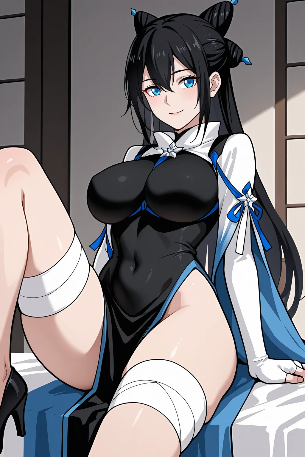 1 girl, high quality, bob hair, black hair, forehead, green eyes, medium breasts, (white clothes),(straps on thighs:1.3), white background, stocking, cameltoe, cat tail, cat ears, big nipples,(sweaty:1.1)