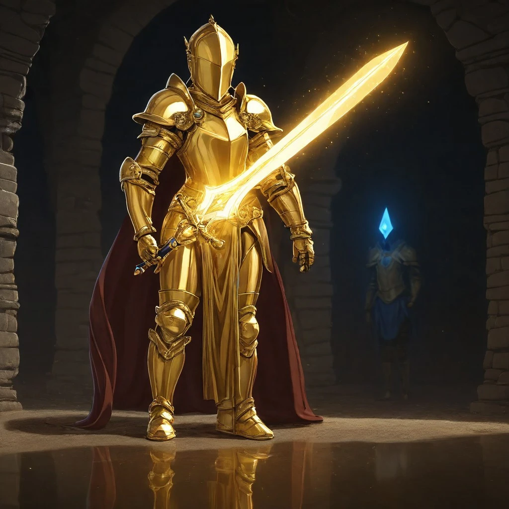 MetalNGems, 1girl, shiny gold armor, standing in a dungeon, reflection, holding glowing diamond sword, cape