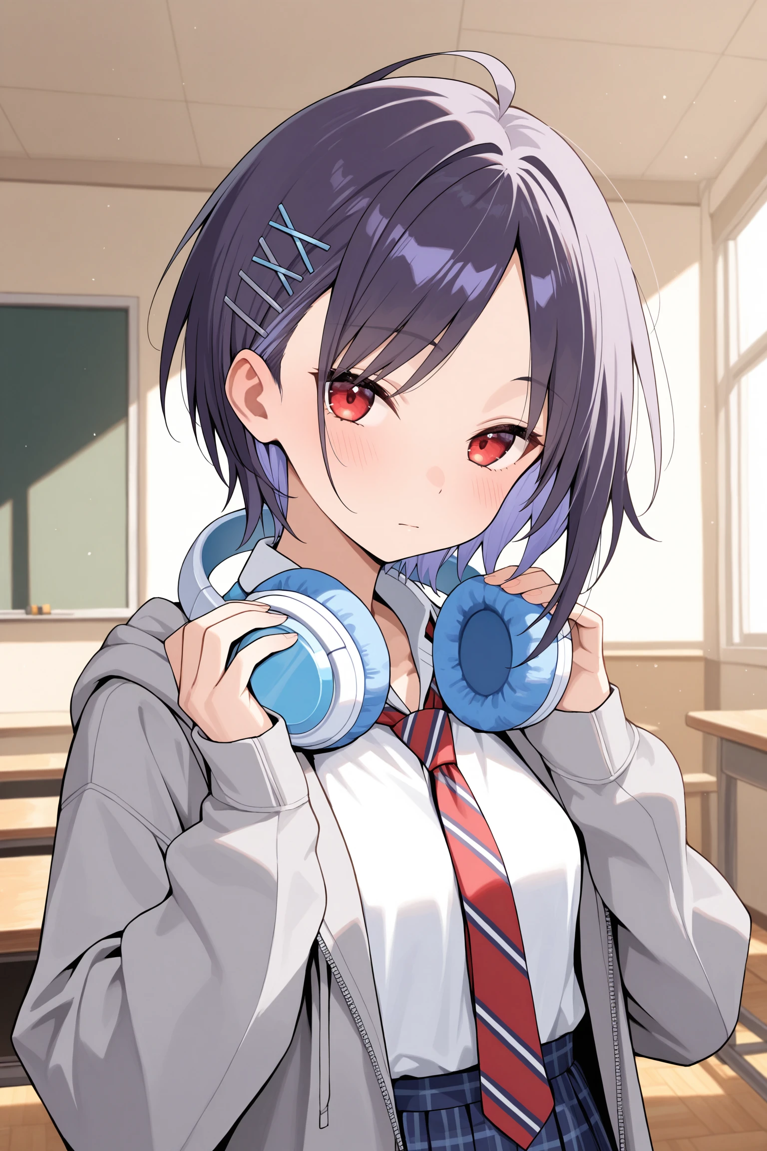 masterpiece, best quality, very aesthetic, mashiroyuu, solo, indoors, classroom, dark purple hair, ahoge, multiple hairpins, parted bangs, colored inner hair, short hair, red eyes, small breasts, headphones around neck, grey jacket, hooded jacket, open jacket, red necktie, diagonal-striped necktie, collared shirt, white shirt, sleeves past wrists, high-waist skirt, pleated black skirt, plaid blue skirt, school uniform, closed mouth, <lora:Mashiro-Yuu:0.7>