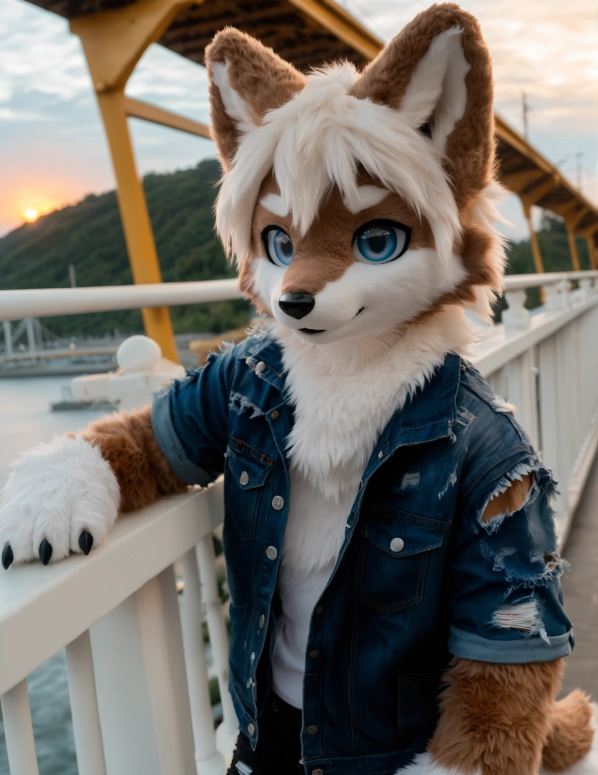 fursuit, kemono fursuit, anthro wolf on a bridge ,brown and white fur, solo, looking at viewer, blue eyes,outdoors, sky, day, upper_body, photorealistic,furry male, denim_jacket,