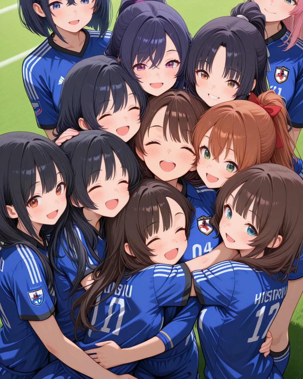 masterpiece,best quality,higres illustration,detailed face,<lora:grouphug_IL:1>,group hug,6+girls,soccer uniform,smile,open mouth,from above,