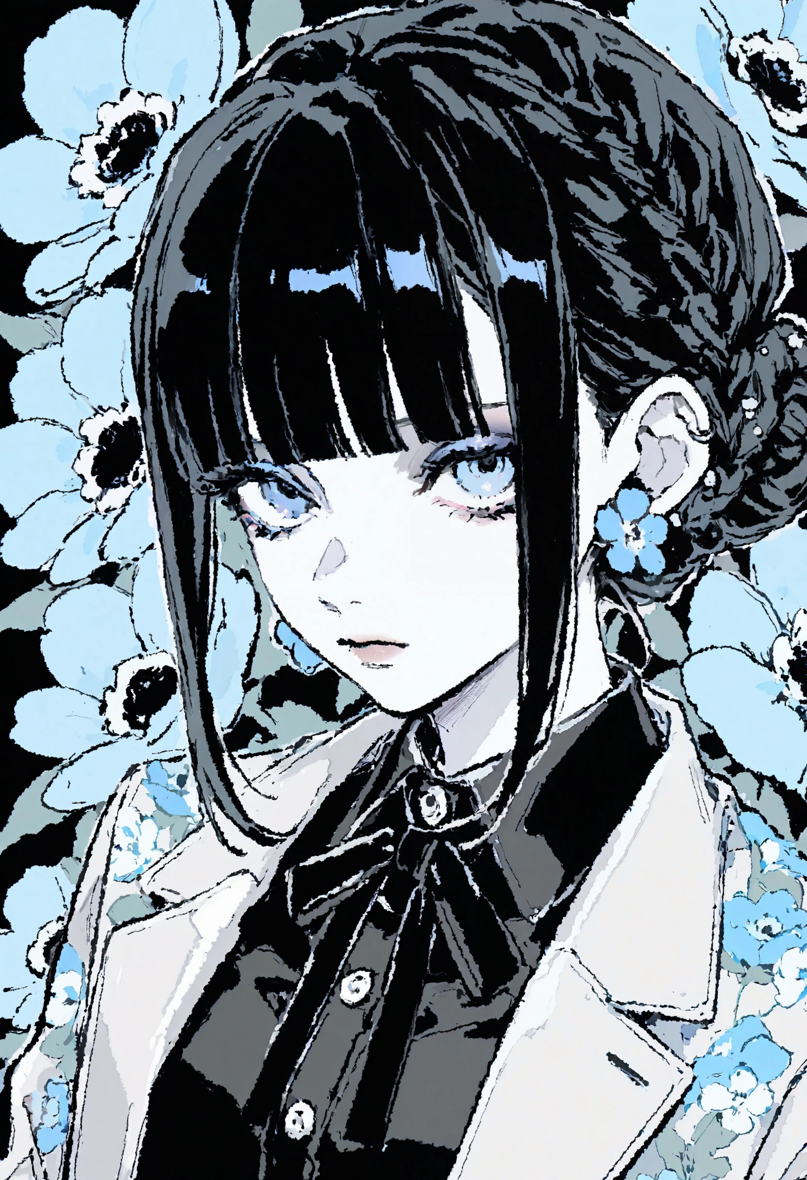 <lora:546L5rKh5LqL-illustriousXL_v01_V2-CAME>, 546L, 1girl, solo, jewelry, shirt, earrings, blue eyes, looking at viewer, flower, collared shirt, sidelocks, black shirt, blue flower, jacket, black hair, braid, hair bun, upper body, neck ribbon, black ribbon, ribbon, floral print, flower earrings, blunt bangs, print jacket, closed mouth, anemone \(flower\), expressionless, short hair, braided bun, open clothes, open jacket, floral background, single hair bun, buttons, makeup, pale skin, medium hair