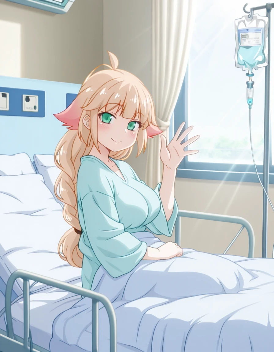 masterpiece, best quality, amazing quality,, <lora:reviewer-demia-s1-illustriousxl-lora-nochekaiser:1>, demia, long hair, blonde hair, green eyes, single braid, braid, long braid, mature female, breasts, anime screencap, <lora:hospital-bed-illustriousxl-lora-nochekaiser:1>, hospital bed, looking at viewer, blush, smile, indoors, pillow, window, bed, on bed, sunlight, curtains, intravenous drip, hand up, waving, sitting, from side, under covers, blanket,