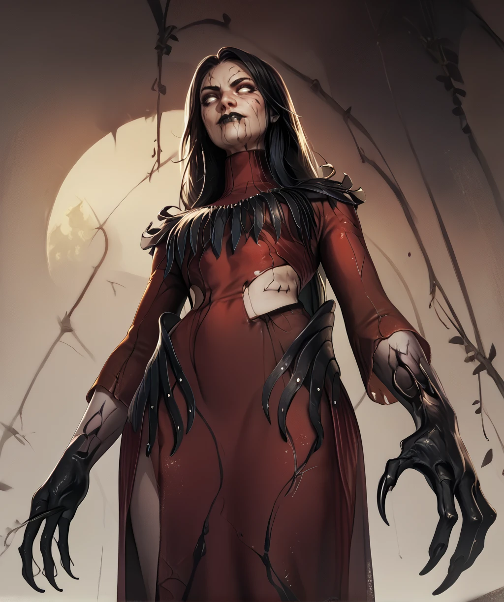 score_9, score_8_up, score_7_up, score_6_up, score_5_up, score_4_up,
theartistxl, long hair, white eyes, facial mark, black lipstick,
red dress, black, from below,
black claws,
standing,
night, yellow sky, dryland,
<lora:theArtistxl:0.9>,