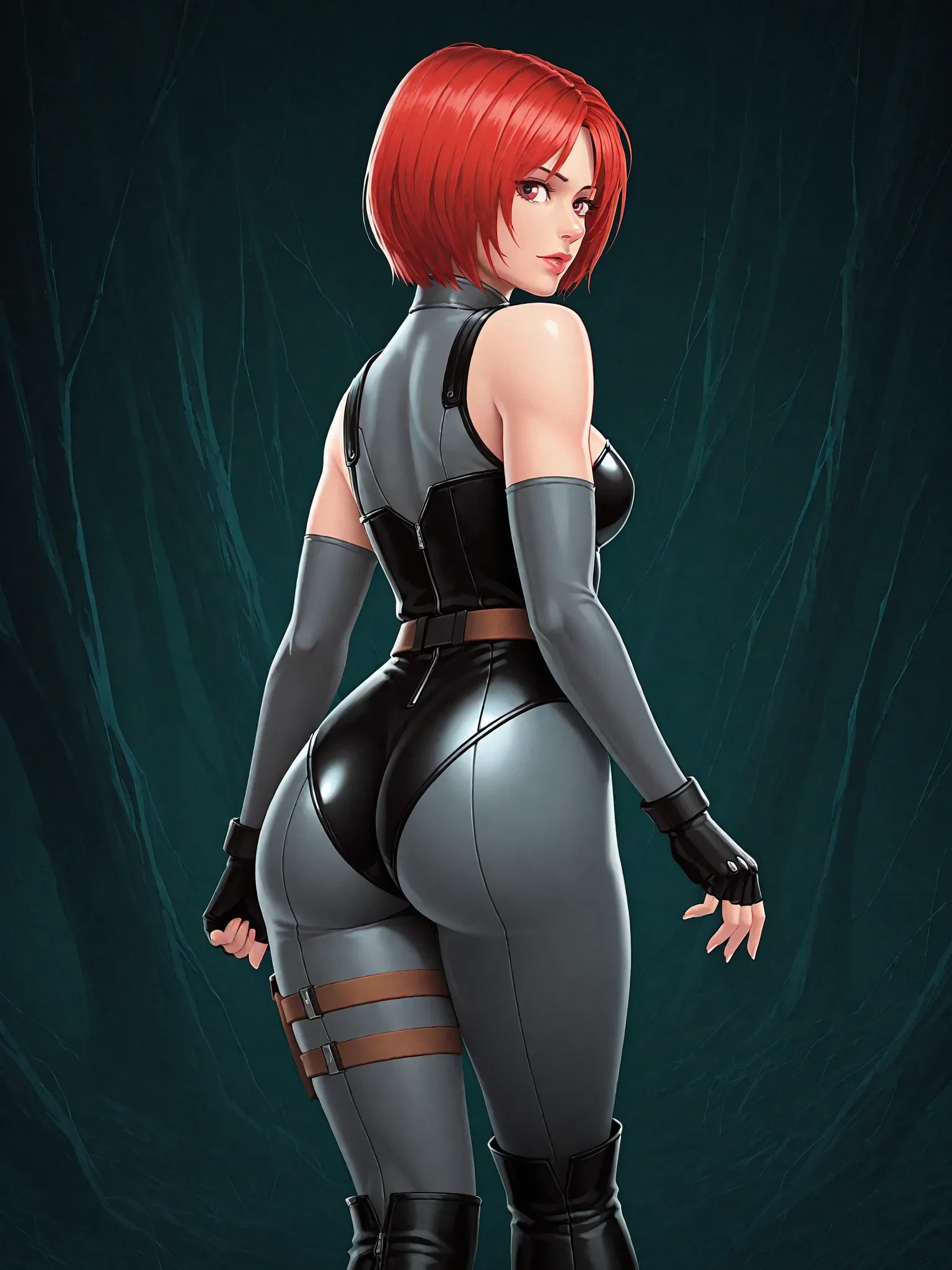 there is a woman with red hair and a leather outfit, Amouranth, fofosexyrobutts, Triss Merigold , mais conhecido como Amouranth, Linda Brigitte de Overwatch, amouranth as a super villain, pose sexy, lit from behind, Brigitte de Overwatch, thicc, curvy accentuated booty, Black Widow