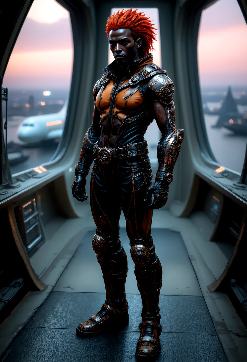 dieselpunk style adult sculptural male (XY) african, dark skin, light brown eyes, character, Skinny build, extra long high and Tight hair fiery hair, , wearing a ember orange steampunk Viking exosuit, gear-etched boots, rivet-studded bracers, set in a technologically advanced airship-dock control tower, guiding incoming and outgoing airships, ensuring safe passage through the skies, a critical infrastructure vulnerable to sabotage and attack. , at dusk,,âââ