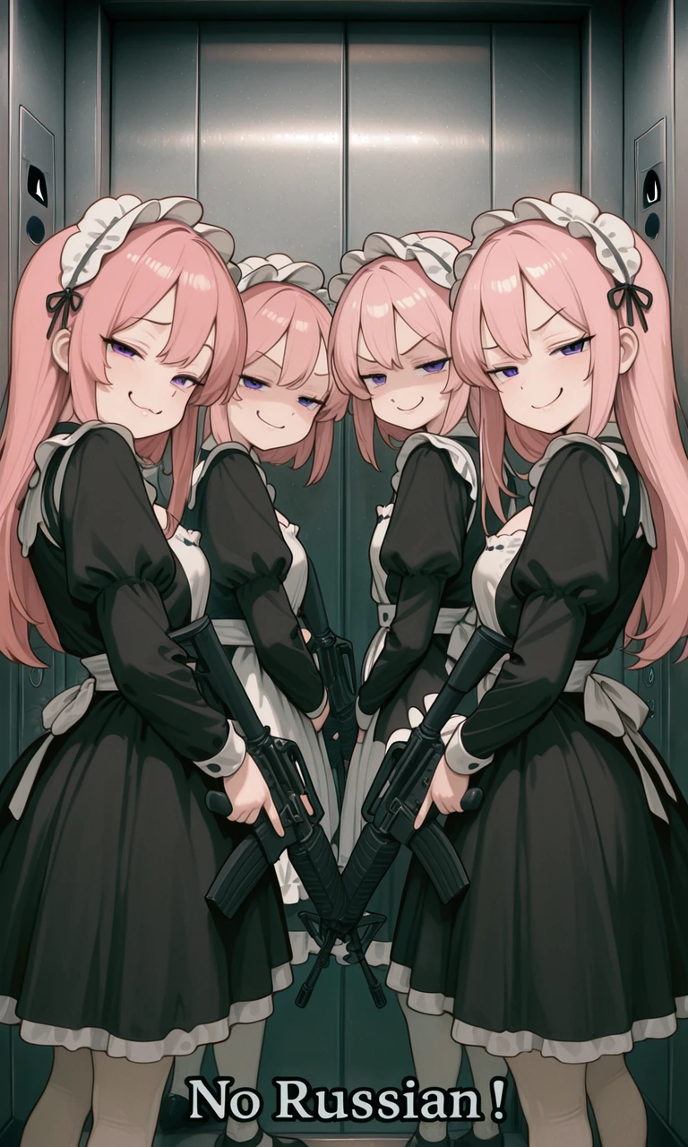 embedding:IllusP0s, no russian, elevator, holding weapon, assault rifle, 4girls, pink hair, purple eyes, looking at viewer, smug, maid outfit<lora:no russian_illustrious.safetensors:1.0:1.0> <lora:CivChan.safetensors:0.8:0.8>