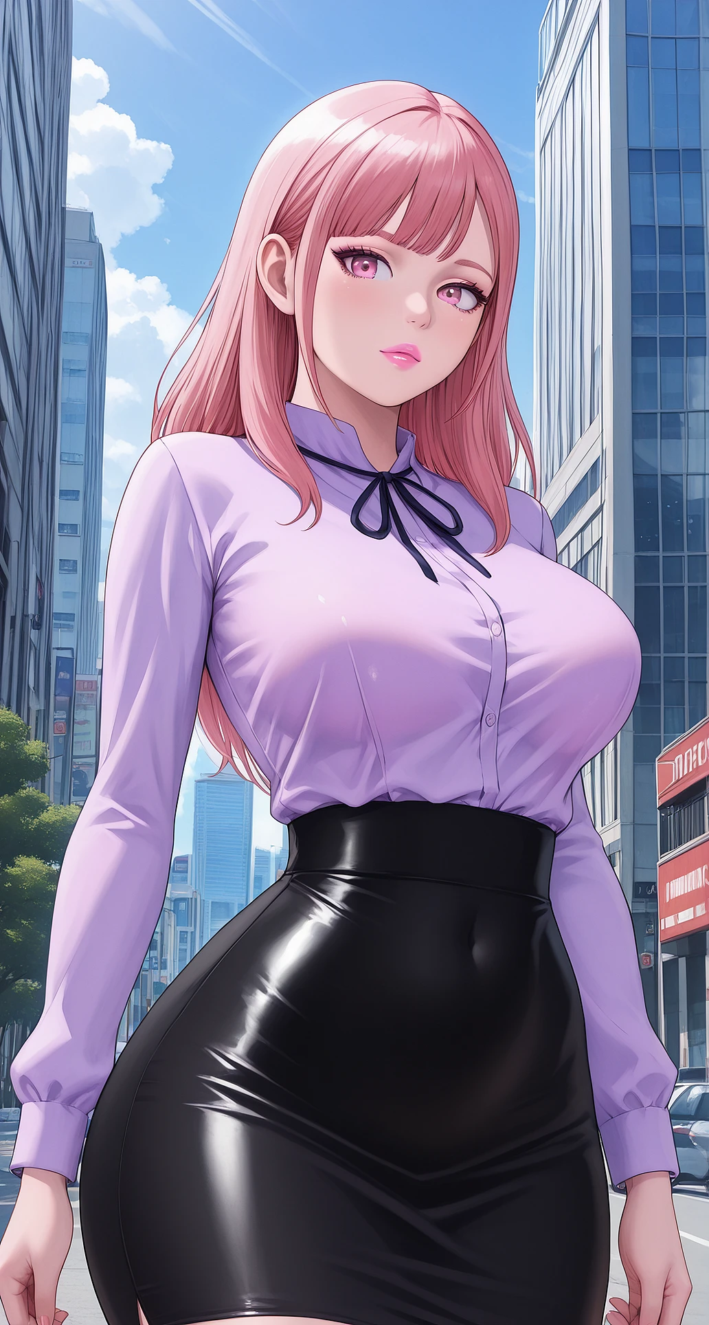 (best quality:1.5, highres, UHD, 4K, detailed lighting, shaders), pink wavy hair, gradient hair, large breasts, suit, social lomg pants, mature woman , (pov), white background, colorful eyeshadow, dramatic lighting, sparkling eyes, sensual expression, golden earrings, flowing hair, delicate facial features, soft skin, high cheekbones, urban setting, white background, dont look for the camera, lean forward, Render 4 poses,