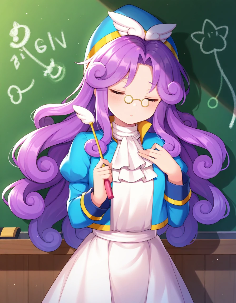<lora:PAccord_SDXL_Illustrious11_fp16_ver01:1>,PAccord, 1girl,long hair, purple hair,curly hair,pince-nez,closed eyes,blue headwear,blue jacket,white dress,ascot, cowboy shot,cat teaser,chalkboard,, masterpiece, best quality, very aesthetic, absurdres,<lora:detailed_hands:1>,hand