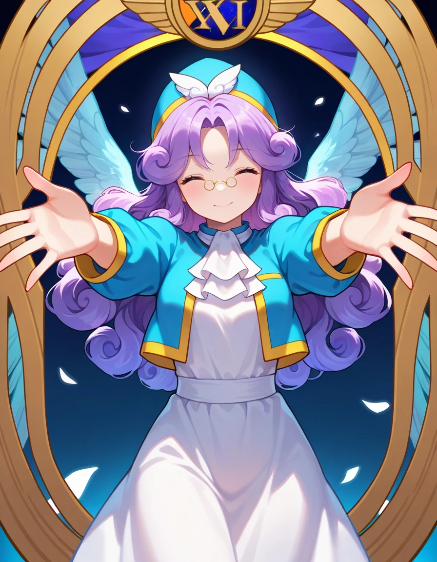 <lora:PAccord_SDXL_Illustrious11_fp16_ver01:1>,PAccord, 1girl,long hair, purple hair,curly hair,pince-nez,closed eyes,blue headwear,blue jacket,white dress,ascot, cowboy shot, tarot, outstretched arms,smile, masterpiece, best quality, very aesthetic, absurdres,<lora:detailed_hands:1>,hand