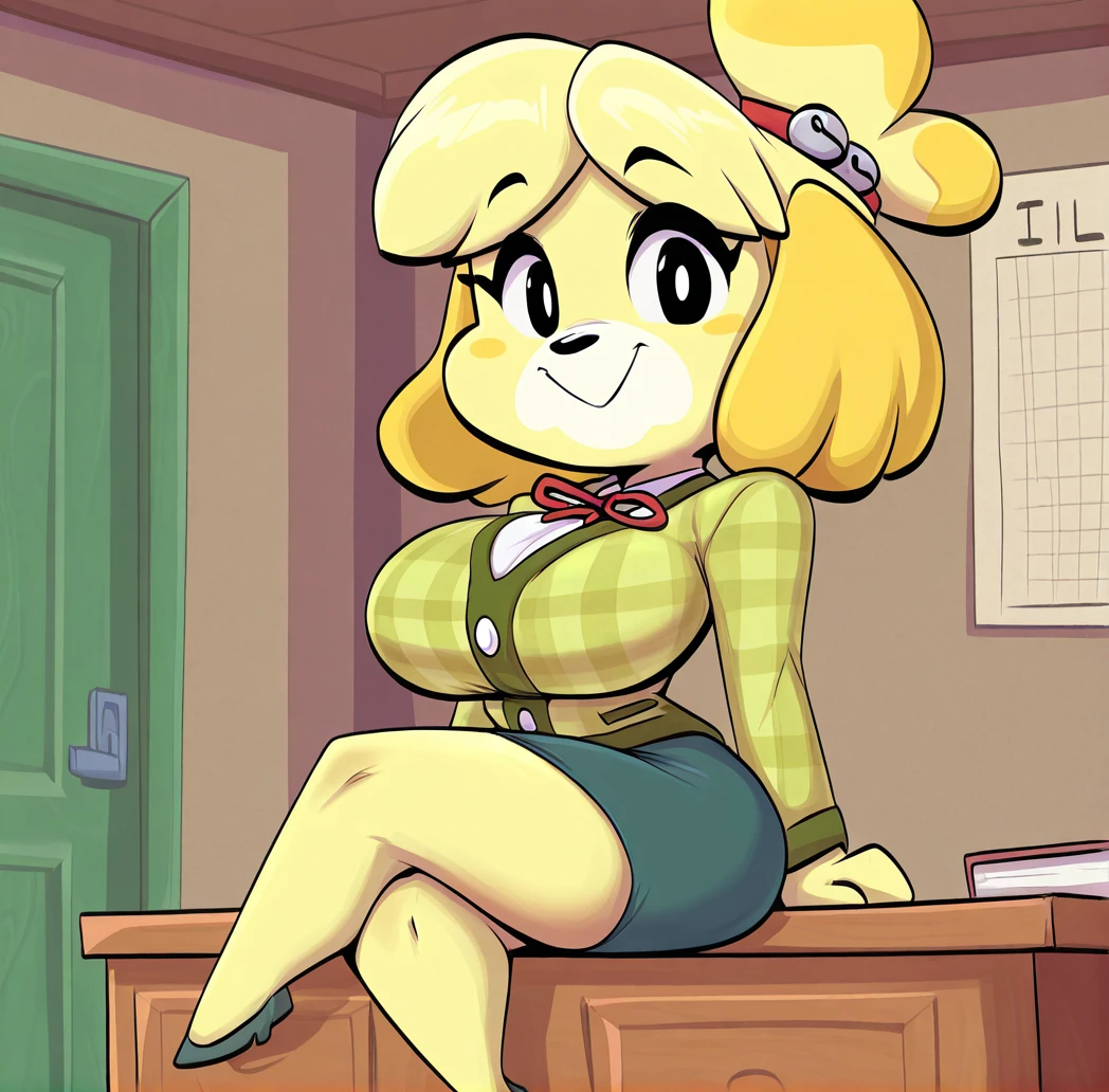 (Isabelle), (animal crossing), black lingerie, open legs, shy smile, blush, black lace stockings, The open arms, on the desk, bloomed white shirt, face of shame 