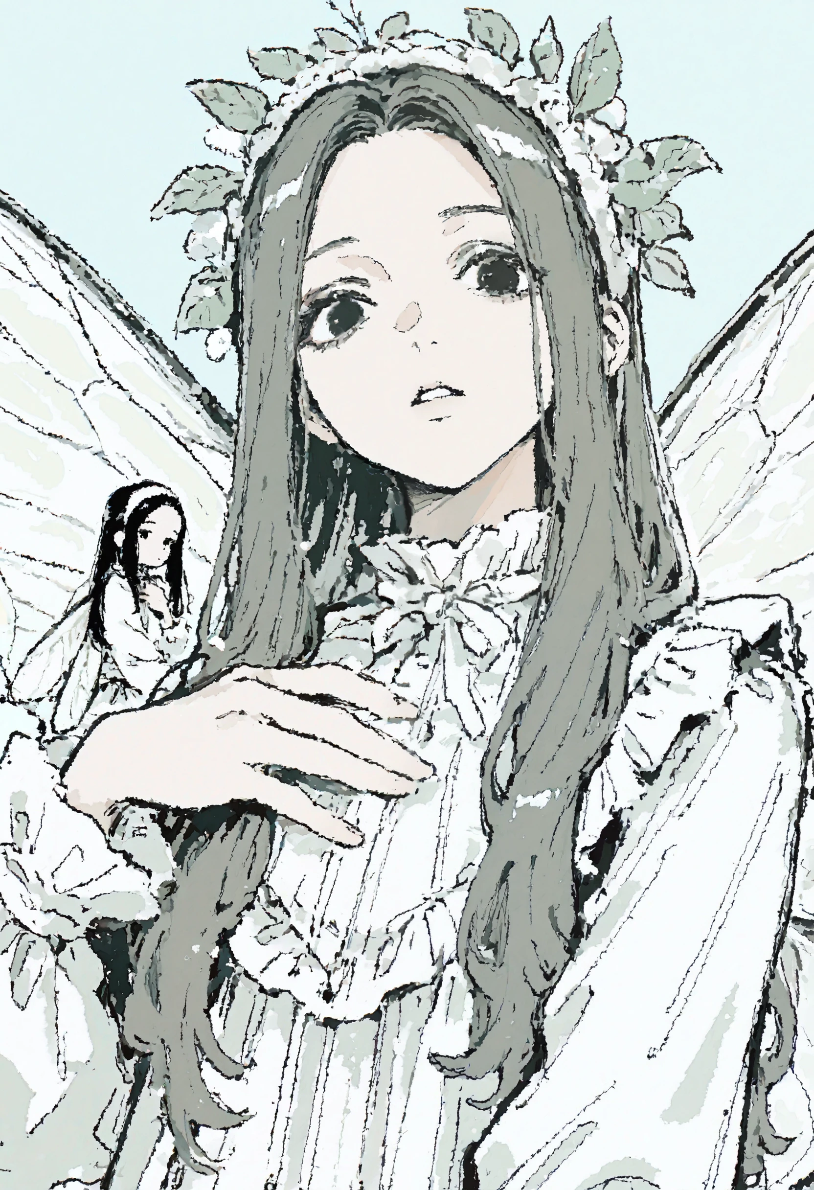 <lora:546L5rKh5LqL-illustriousXL_v01_V2-CAME>, 546L, blue background, 2girls, multiple girls, black hair, insect wings, simple background, black eyes, parted lips, upper body, long hair, looking at viewer, wings, hairband, bug, leaf, long sleeves, holding, hand up, branch, hand on own chest