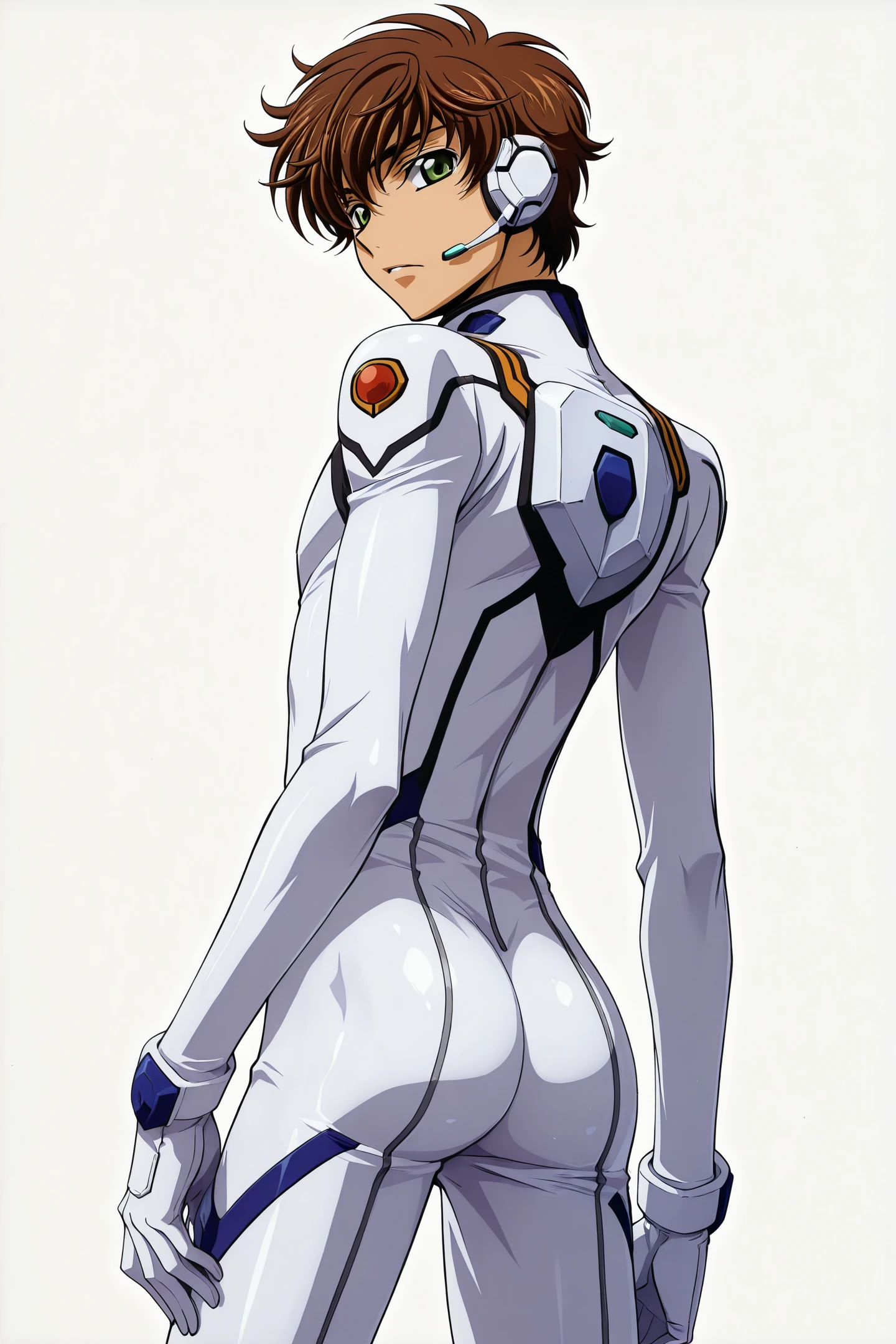 1boy,solo,male focus,green eyes,kururugi suzaku,brown hair,gloves,simple background,white background,white bodysuit,pilot suit,looking back,looking at viewer,headset,
<lora:Takahiro Kimura_illustriousXL:1>,