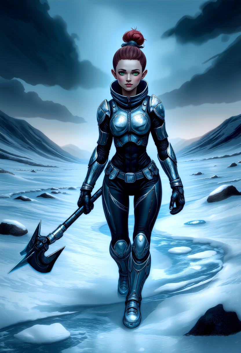 frostpunk style young vaporwave dream female (XX) elven, olive green eyes, character, Toned build, medium hair bun with shaved sides fiery hair, , (covered in snow, frost, and/or icicles), wearing a metallic silver thermal combat armor, heavy duty cryo boots, ice pick, set in a frozen tundra where a lone figure treks through knee-deep snow, leaving a trail that quickly disappears in the wind. , at night, , <lora:art and styles/Defluxion II.safetensors:1.0>,