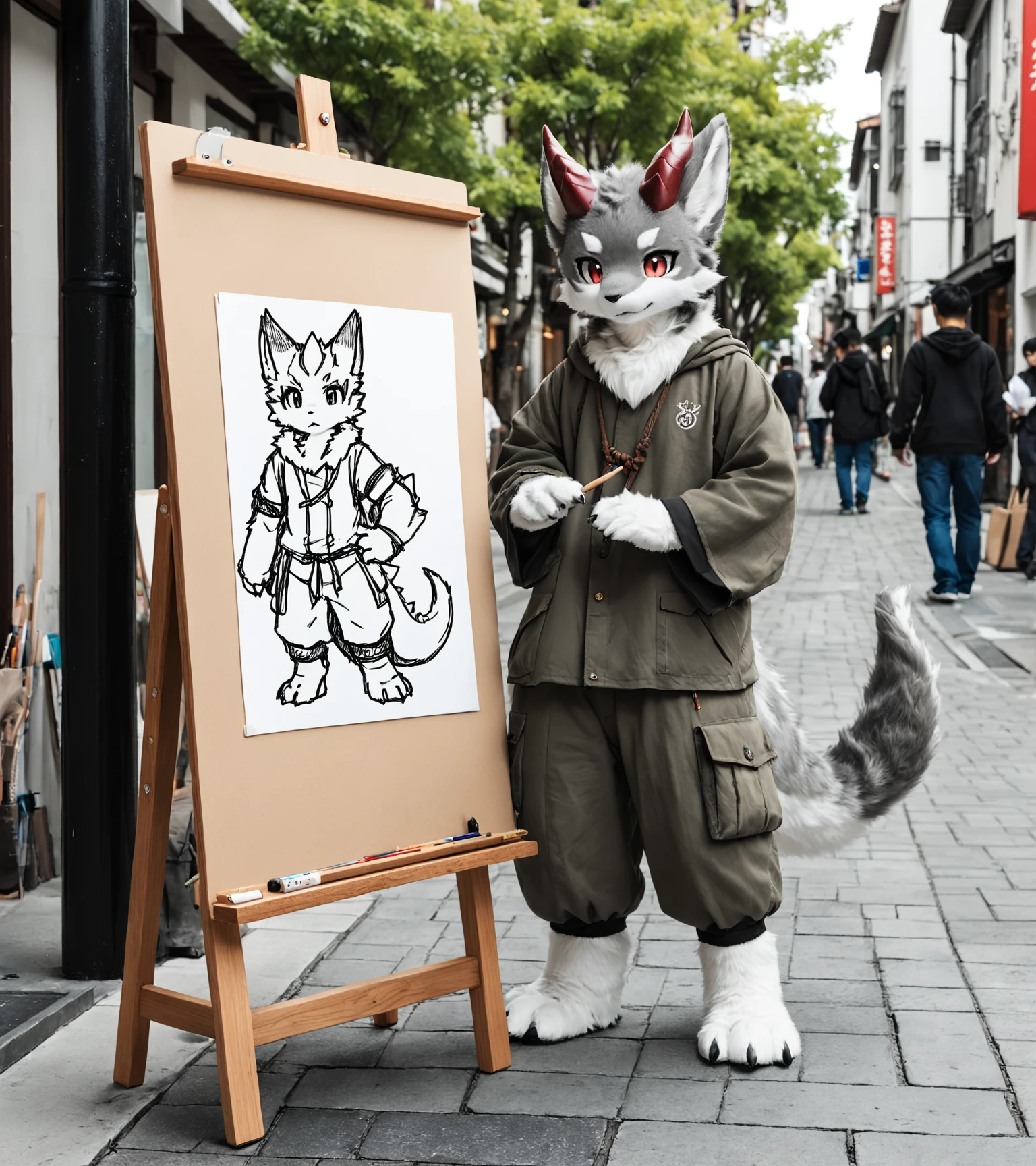 2 furry,colored_sketch [:fursuit:0.4] kemono (dragon:1.1) on drawing board,

outdoors,real background,street,front_view,full_body,  
clothed,kemono,wolf next to the board
photorealistic, depth of field,blurry_background, 
[:White paper:0.1],dragon horns