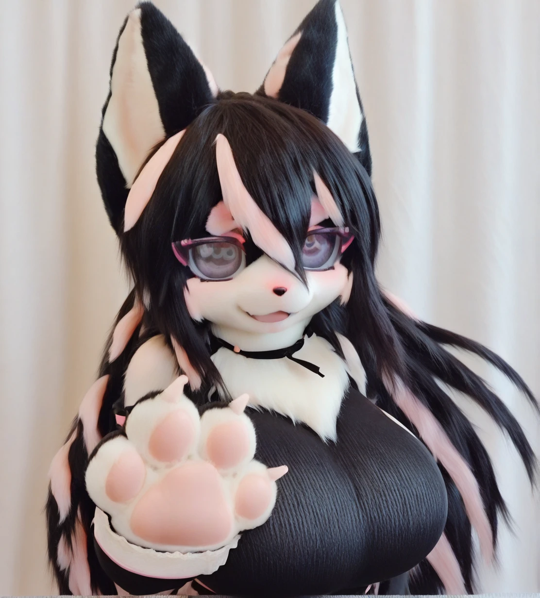 1girl, wild hips, huge breasts, bare shoulders, bird, double-parted bangs, dress, floating hair, hair between eyes, high heels, looking at viewer, open mouth, sleeveless, smile, solo, upper body,
furry girl6 (jyugohashi),furry female,streaked hair,black hair,pink hair,two-tone hair,black hair,
black eyes,snout,animal nose,animal ears,
animal hands, claws,pawpads,
intricate details,detailed background, <lora:noobaiXLNAIXL_epsilonPred11Version-lora:0.1> <lora:furry_girl6_jyugohashi:1>