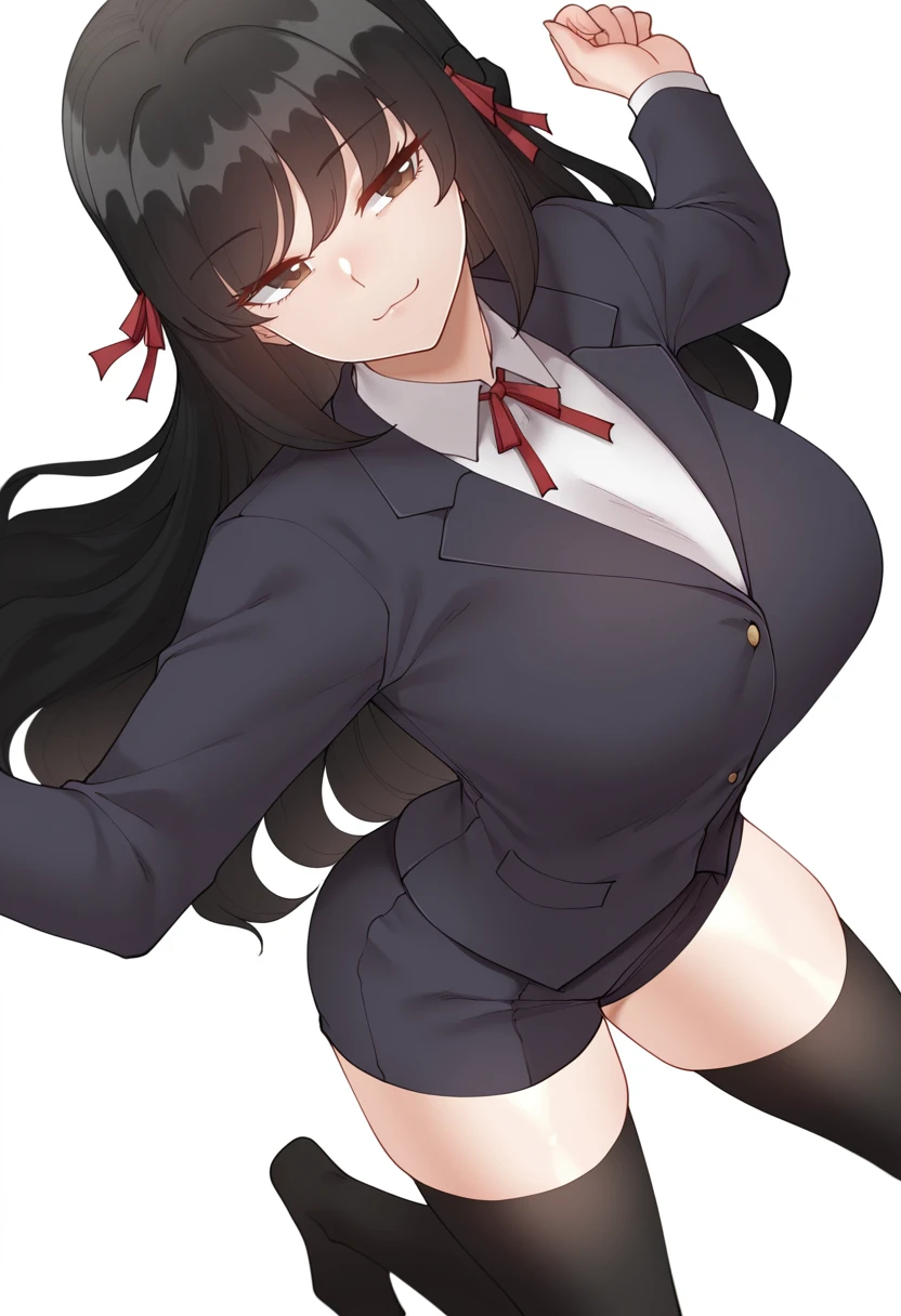 red_bowtie, school_uniform, shirt,long_sleeves, pleated_skirt,,thighhighs, black_legwear,
Black_long_hair,Black_eyes, high ponytail,White_bow on head,sayaka katsuragi,huge breast,small face,eyes on viewers,full body shot