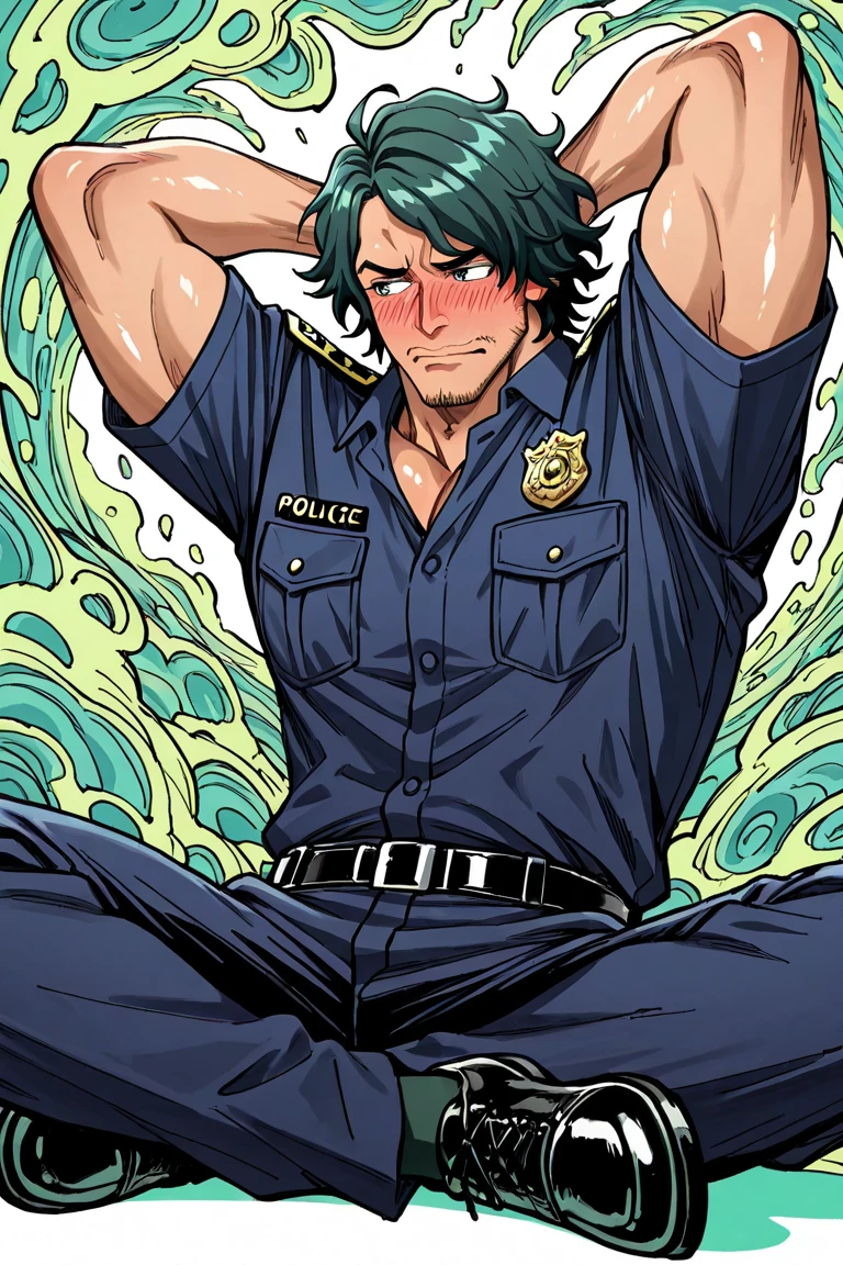 male only, green hair, little beard, muscular, well built, naked, embarrassed naked male, angry, frowning, ashamed, humilliated, crouching, spreading legs, hands behind head, front view, micropenis, park, public, looking at viewer, surrounded by cops, police