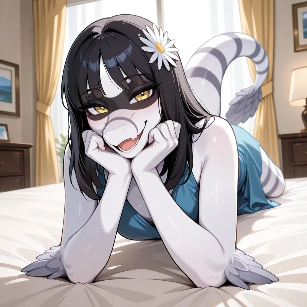 tired expression, 1girl, anthro, furry, fur, fluffy fur, calico cat, cat girl, white hair (black highlights), heterochromia eyes, long hair, (19 years), medium breast, thicc thighs, solo, (bedroom), sunset, half-closed eyes, detailed, sunset, (female masturbation), (one hand on breasts), trembling, blush, sweating, looking up, open mouth, spread legs, annoyed, full body, nude, nipples, pussy, emo girl, eye shadow, (laying on her bed), score_9, score_8_up, score_7_up, score_6_up, score_5_up, score_4_up