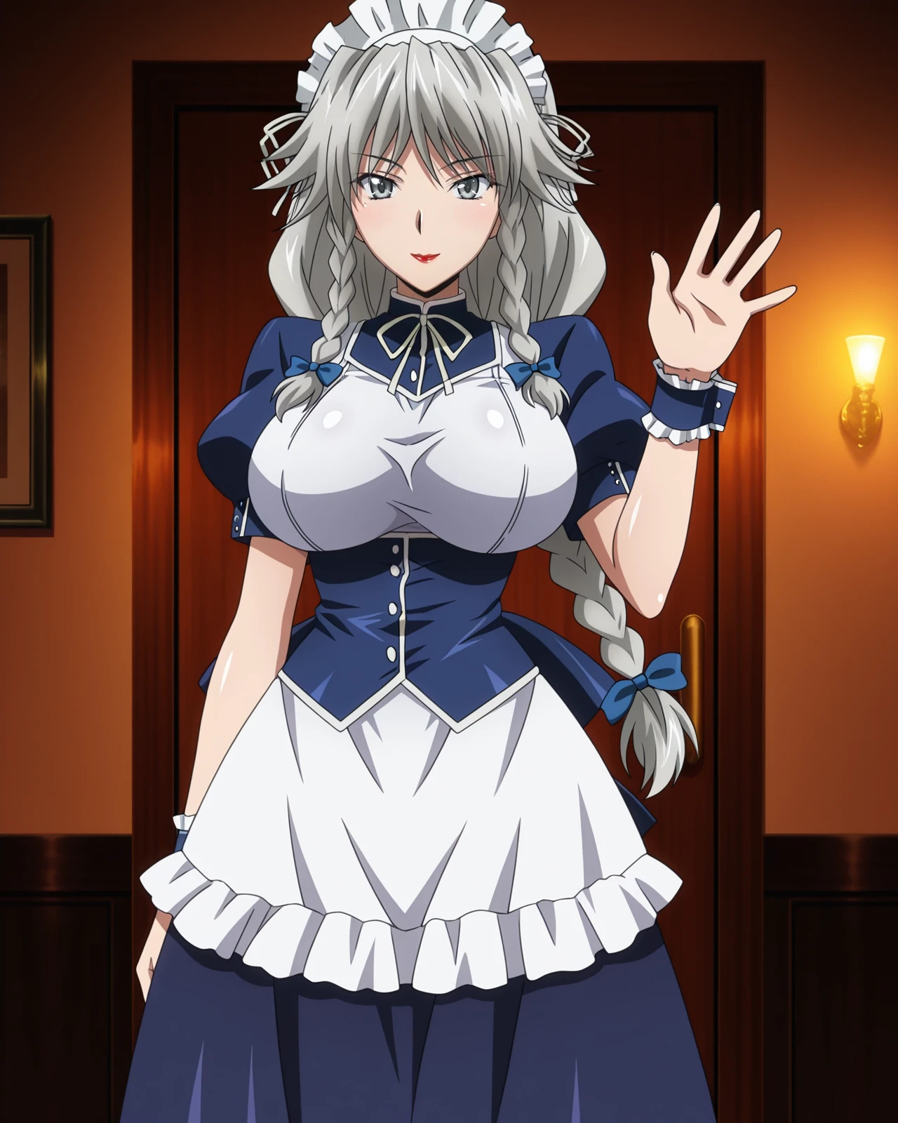 anime screencap,masterpiece,best quality,
8K quality,cinematic lighting,bokeh,HDR,high contrast,amazing quality,very aesthetic,high resolution,ultra-detailed,absurdres,
shiny skin,
BREAK
indoors,
BREAK
grayfia lucifugedxd,
1girl,solo,braid,big breasts,grey hair,lipstick,twin braids,grey eyes,bow,red lips,makeup,
maid outfit,wrist cuffs,maid headdress,maid,long_skirt,apron,blue ribbon,hair bow,
smile,waving,
<lora:Grayfia_Lucifuge_IL_DXD:0.8>,
cowboy_shot,