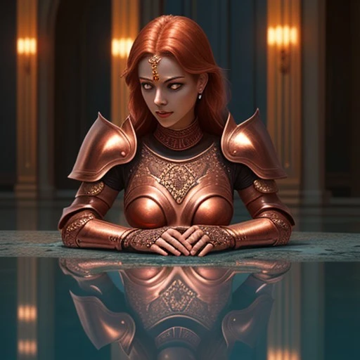 MetalNGems, 1girl, copper armor, intricate designs, adorned with ruby gemstones, glowing, shiny, reflection, candid setting
