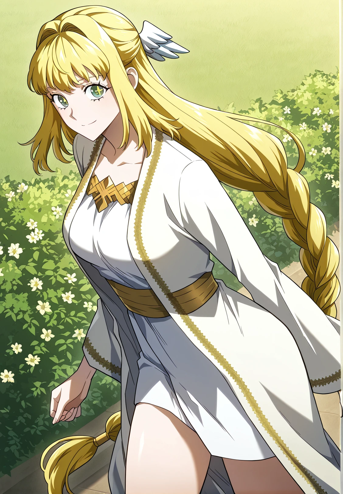 from side, a woman ,standing in a park, beautiful eyes, beautiful girl, high detail skin, high detail eyes, high detail hair, highres, ultra detailed, sharpen picture, Highly detailed, masterpiece, best quality, photorealistic, <lora:JessicaAlkirk001:0.8> 1girl, solo, jabackground, background, blonde hair, smile, long hair, pointy ears, blue eyes, facial mark, retro artstyle, long sleeves, hood, robe, princess zelda, dress