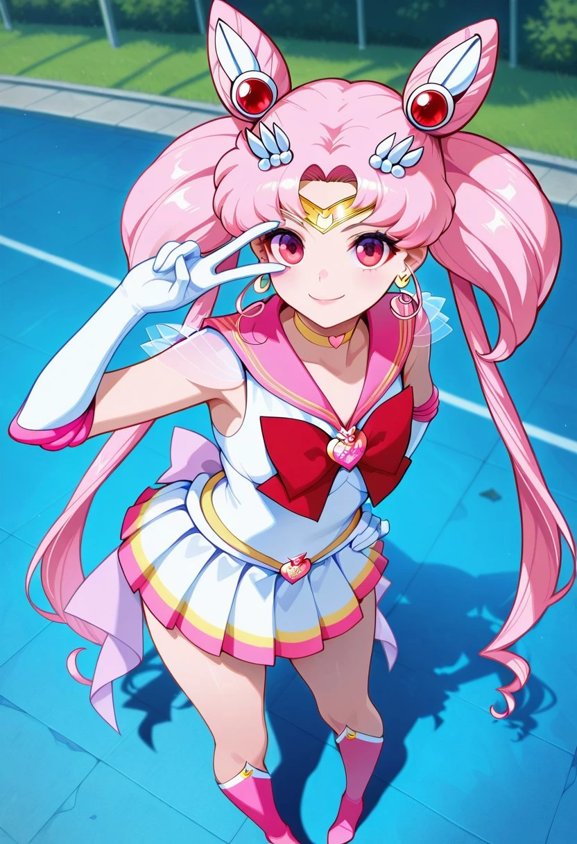 masterpiece,extremely detailed,best quality,amazing quality,newest,absurdres,highres, super detailed skin,1 girl, sailorchibimoonagedup, solo, long hair, cone hair bun, sailor senshi uniform, pink hair, twintails, gloves, pink sailor collar, heartchoker, sailor collar, white elbow gloves, bow, hair ornament, pleated skirt, back bow, earrings,smile, pigeon-toed, v_over_eye ,One hand on hip and the other making a V_over_eye,, from above, outdoors
