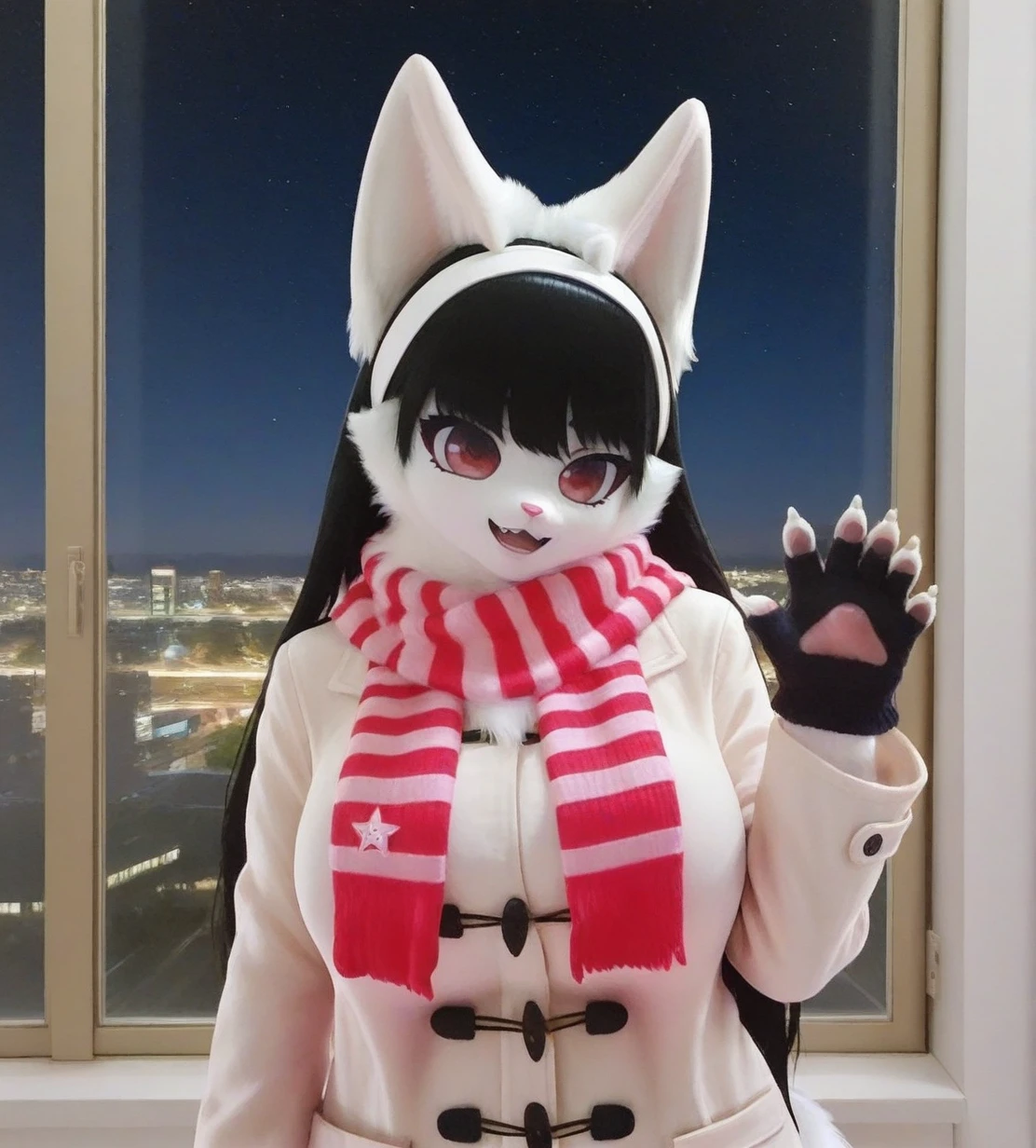 1girl, wild hips, huge breasts, black gloves, coat, gloves, hand up, long sleeves, looking at viewer, night, open mouth, scarf, sky, smile, solo, star (sky), starry sky, striped clothes, striped scarf, teeth, upper body, white coat, winter clothes,
furry girl7 (jyugohashi),furry female,long hair,black hair,white hairband,snout,animal nose,animal ears,red eyes,body fur,white fur,
animal hands, claws,pawpads,
white tail,
intricate details,detailed background, <lora:noobaiXLNAIXL_epsilonPred11Version-lora:0.1> <lora:furry_girl7_jyugohashi:1>
