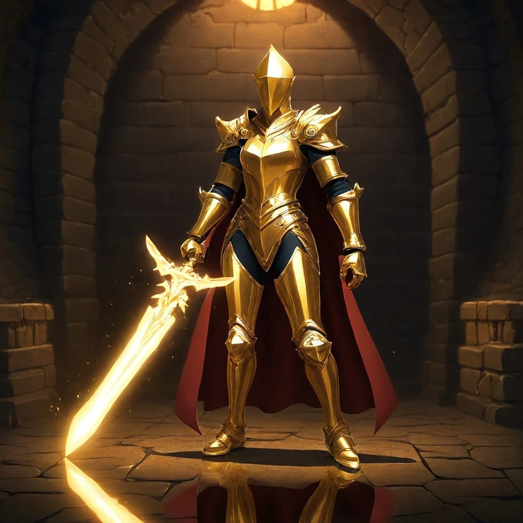 MetalNGems, 1girl, shiny gold armor, standing in a dungeon, reflection, holding glowing diamond sword, cape