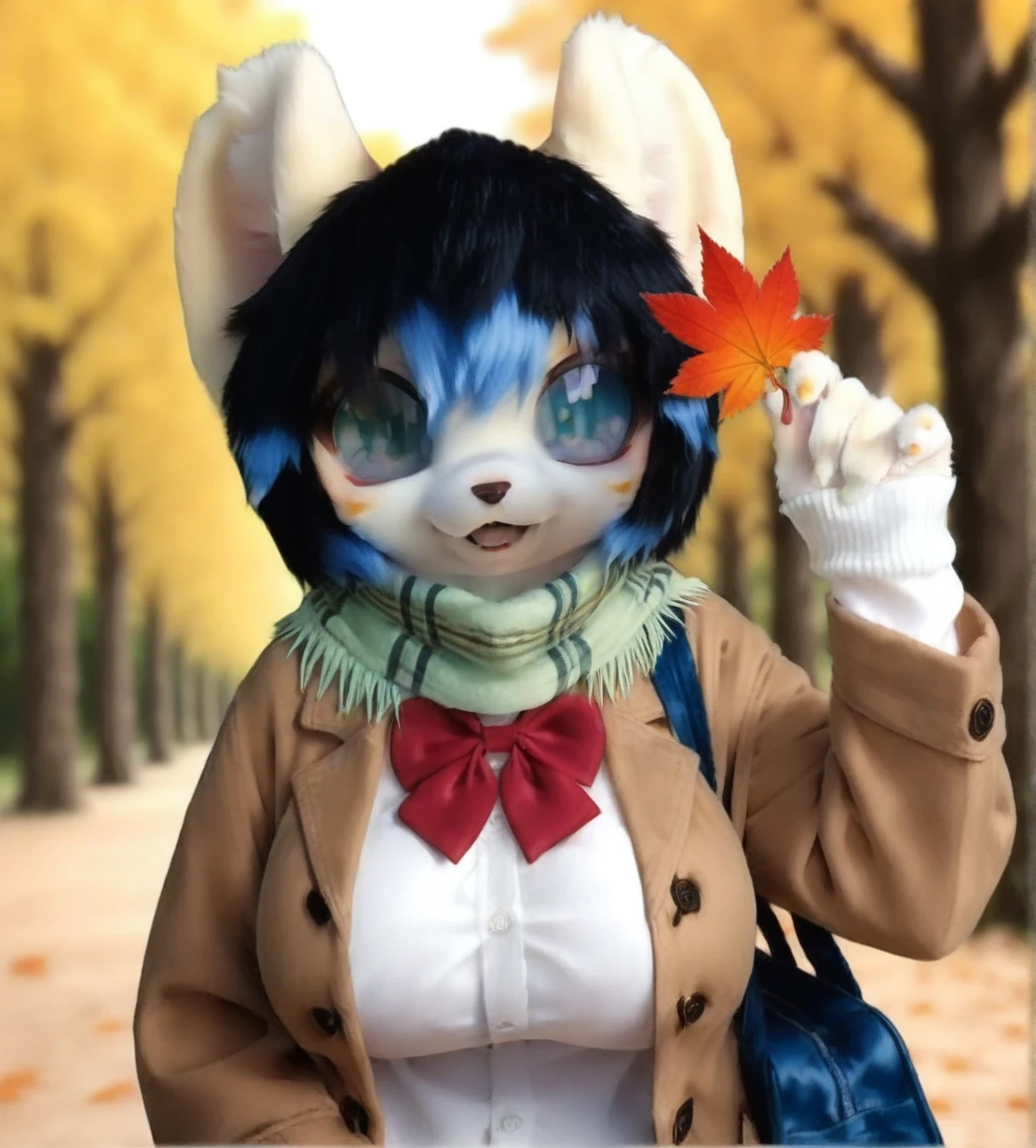 1girl, wild hips, huge breasts, :d, autumn leaves, bag, blurry, blurry background, bow, bowtie, brown jacket, dappled sunlight, day, depth of field, falling leaves, fingernails, fringe trim, green scarf, grin, hand up, holding, holding leaf, jacket, leaf, lens flare, long sleeves, maple leaf, open clothes, open jacket, open mouth, outdoors, plaid, plaid scarf, red bow, red bowtie, scarf, school uniform, shirt, shoulder bag, sleeves past wrists, smile, solo, sparkle, sunlight, teeth, upper body, white shirt,
furry girl4 (jyugohashi),furry female,blue eyes,short hair,black hair,blue hair,multicolored hair,two-tone fur,white fur,yellow fur,snout,animal nose, animal ears,
intricate details,detailed background, <lora:noobaiXLNAIXL_epsilonPred11Version-lora:0.1> > <lora:furry_girl4.1_jyugohashi:1>