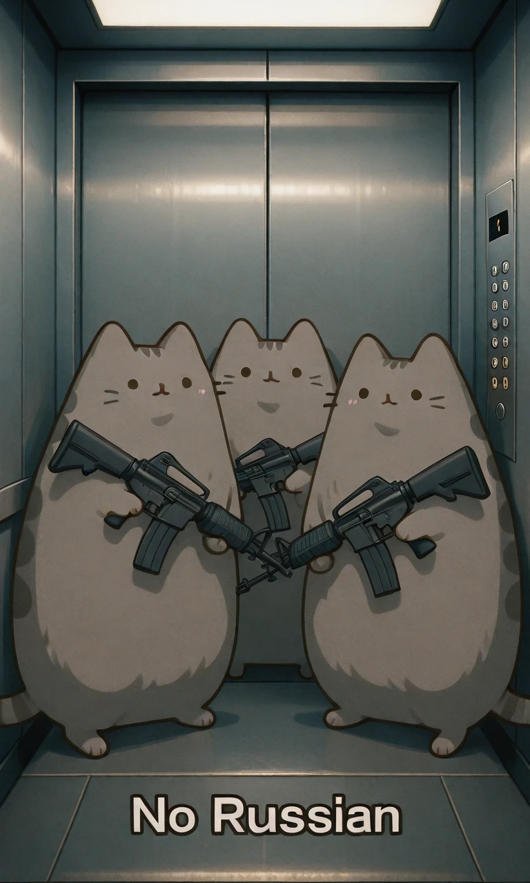 embedding:IllusP0s, no russian, elevator, holding weapon, assault rifle, no humans, pusheen<lora:no russian_illustrious.safetensors:1.0:1.0> <lora:PusheenIXL.safetensors:0.7:0.7>