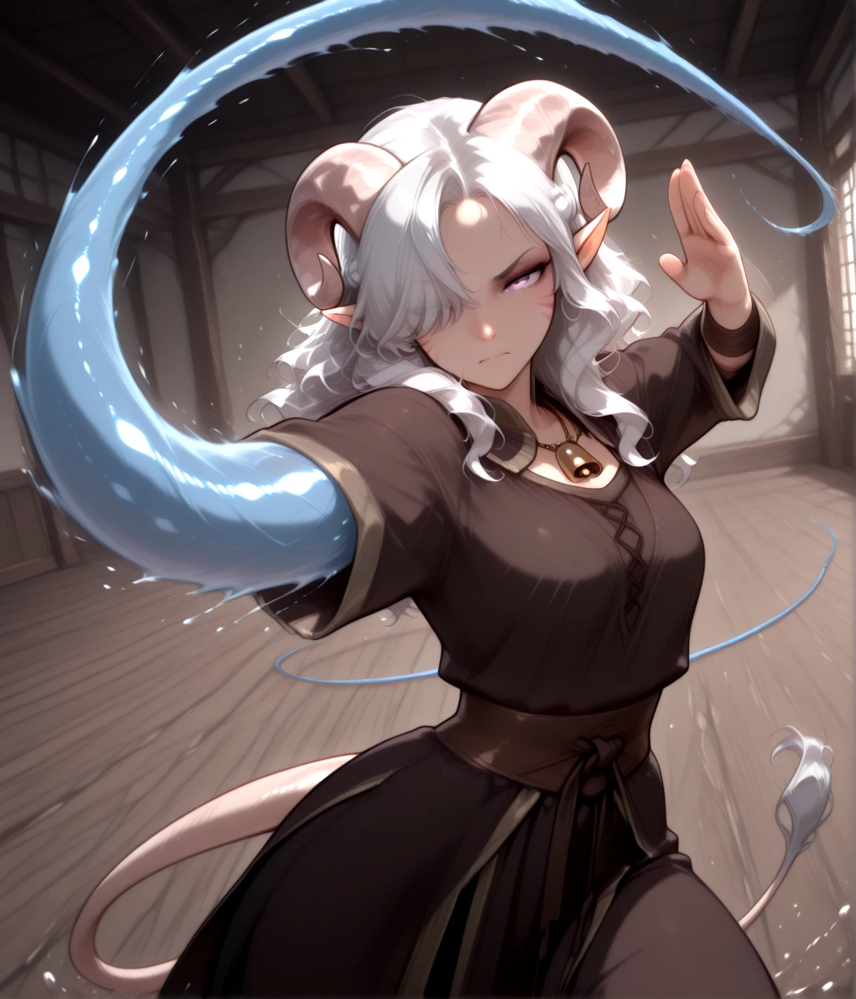 masterpiece, best quality, waterwhip:1.2, solo, <lora:water_whip_magic2:1> water tentacles, kung fu, dojo, cowboy shot, water tentacle from arm , whipping,, masterpiece, best quality, tiefling, pointy ears, tiefling, silver hair, ivory sheep horn,
<lora:Tiefling_bard_Diana_v2:0.9> red whisker_markings, silver long wavy hair, bell necklace, short pointy ears, purple eyes, tiefling_bard_diana:1.2, hair over one eye, braid,
cow tail:1.4,