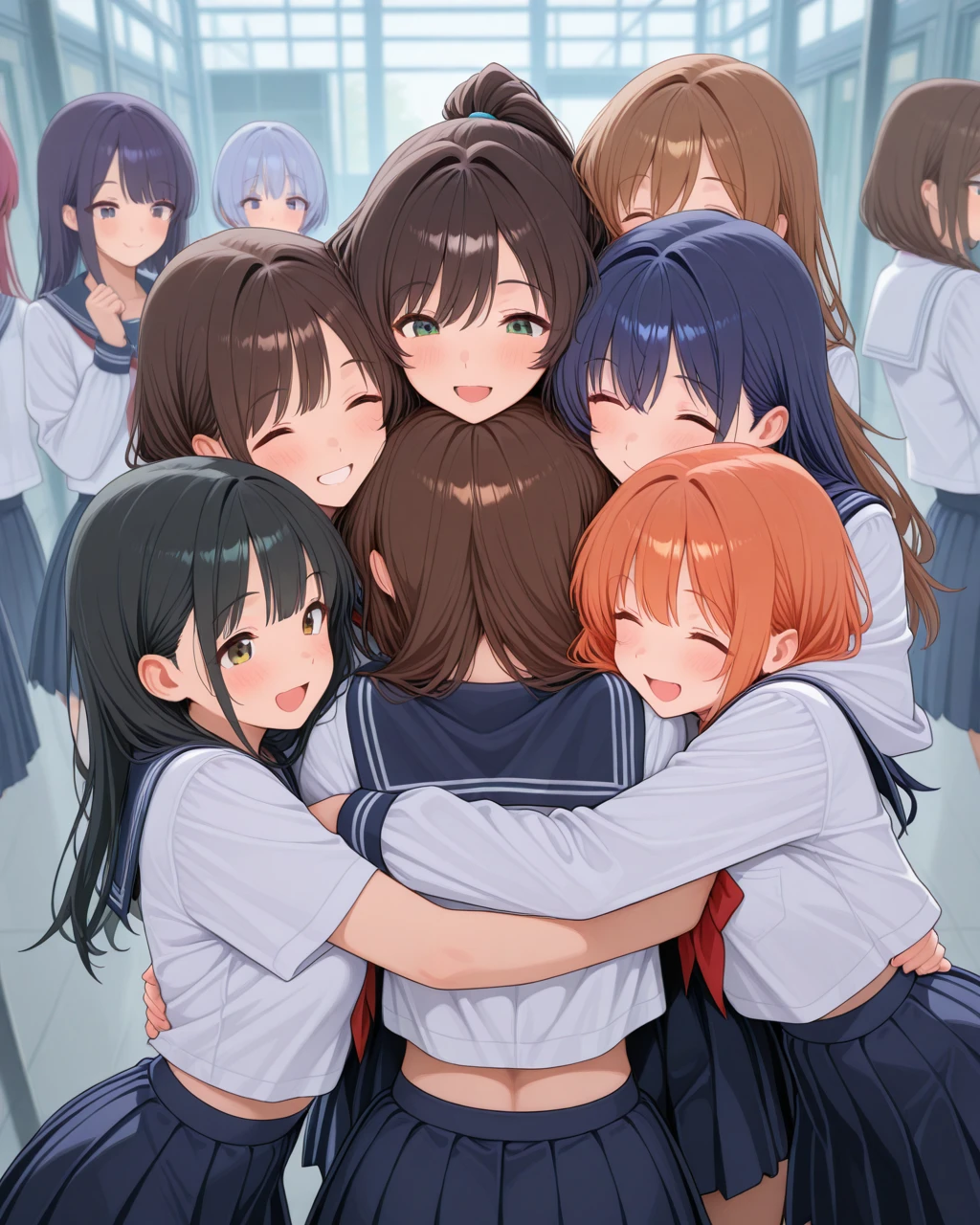 masterpiece,best quality,higres illustration,detailed face,<lora:grouphug_IL:1>,group hug,6+girls,serafuku,