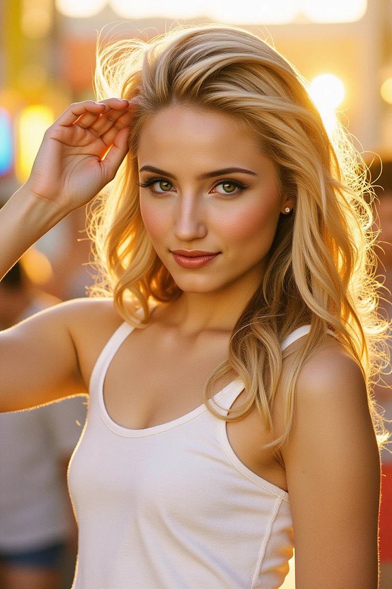 (masterpiece:1.4), (best quality:1.4), ultra high res, ultra high resolution, ((detailed facial features)), HDR, (realistic, photorealistic, photo-realistic:1.37), closeup, sexy seductive European woman, (seductive smile), long lashes, beautiful makeup, platinum blonde hair, fair skin, slender figure, elegant posture, wearing large sparkling colorful jewelery, wearing a business style leather dress, standing in a large shopping mall, gentle sunlight shining through the shopping mall windows, casting a soft glow on her face, adding warmth to the scene, vibrant colors, capturing the essence of vibrant city life, portrait style, showcasing her natural beauty and grace in a feminine way