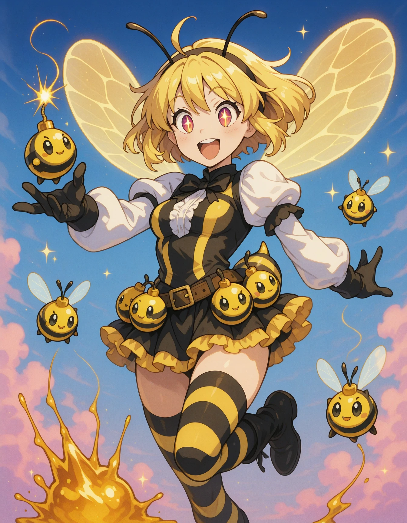 (Best quality:1.1), (Masterpiece:1.4), (Illustration fantastique:1.2), 1fille, cute girl, She wears a bee costume, bee, Short yellow hair, Very very short skirt, She flies with her wings