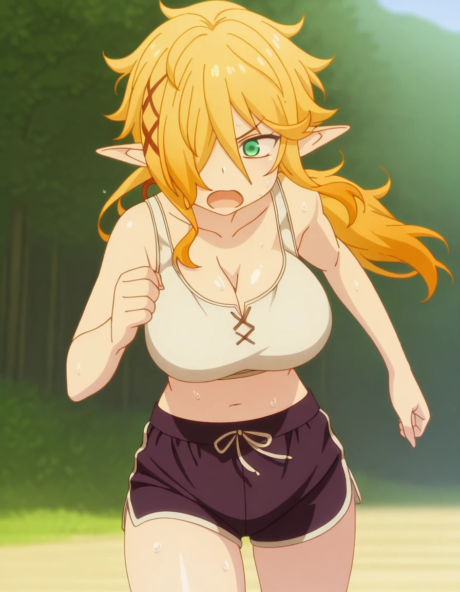 masterpiece, best quality, amazing quality,, <lora:reviewer-zel-female-s1-illustriousxl-lora-nochekaiser:1>, zel, long hair, blonde hair, green eyes, pointy ears, hair over one eye, elf, mature female, breasts, anime screencap, <lora:dolphin-shorts-illustriousxl-lora-nochekaiser:1>, dolphin shorts, shorts, outdoors, running, sweat, open mouth, sports bra, cleavage, navel, midriff, ponytail, solo, cowboy shot,,
