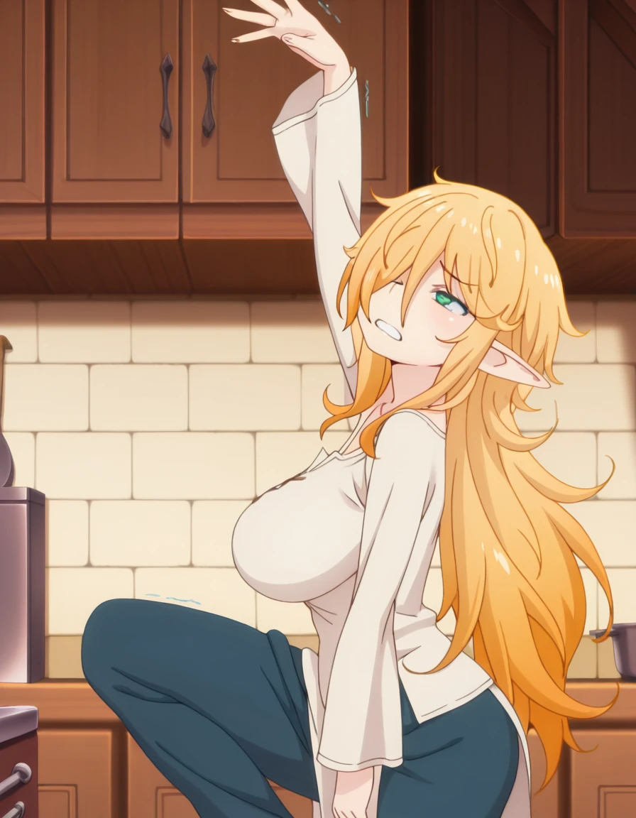 masterpiece, best quality, amazing quality,, <lora:reviewer-zel-female-s1-illustriousxl-lora-nochekaiser:1>, zel, long hair, blonde hair, green eyes, pointy ears, hair over one eye, elf, mature female, breasts, anime screencap, <lora:reaching-overhead-illustriousxl-lora-nochekaiser:1> reaching overhead, reaching, from side, arm up, standing, standing on one leg, kitchen, arm support, cupboard, struggling, one eye closed, teeth,
